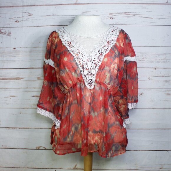 Free People Daydreamer Kimono Style Embroidered Top Lace Sheer Peasant Blouse S - Picture 9 of 9